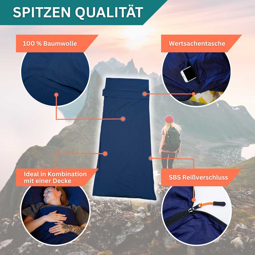 Hütten/ -Reiseschlafsack ultradünn aus 100% Baumwolle in 3 Farbvarianten (Inlett zur Kombination mit einer Decke)